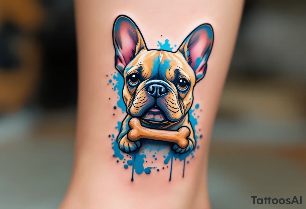 Cartoon-style French Bulldog holding a bone, with exaggerated ears and light fawn fur, outlined in black with splashes of blue. tattoo idea