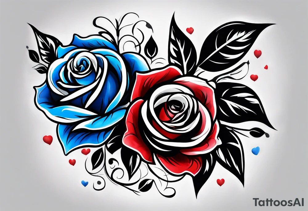 Water fall Colored blue and red roses tattoo idea