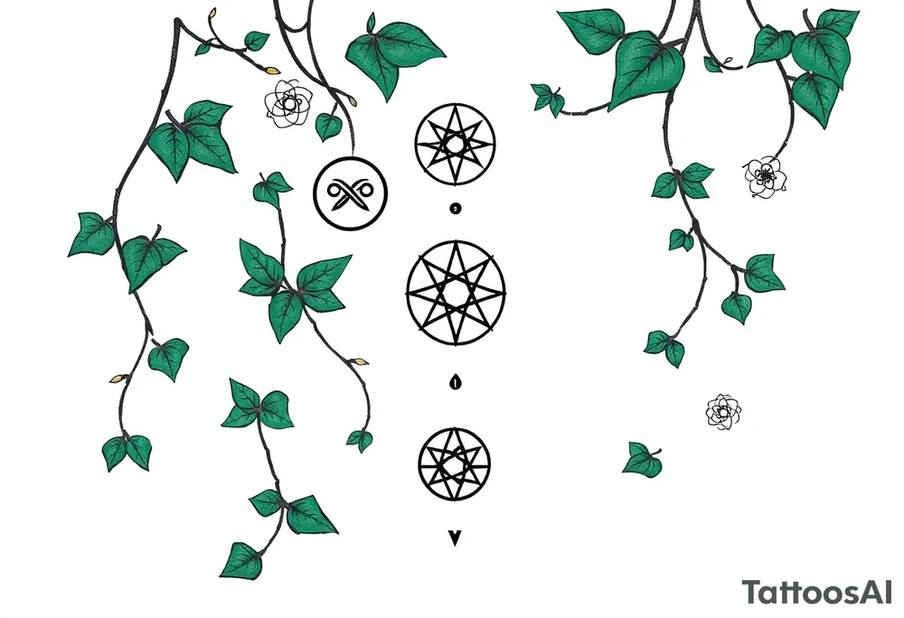 Ivy. Vines with wiccan symbols and zodiac signs cancer and leo tattoo idea