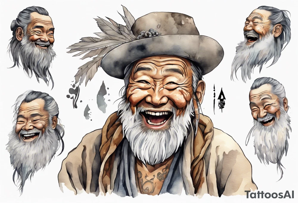 a solitary Cree man with a grey beard laughing tattoo idea