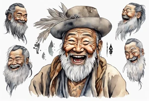 a solitary Cree man with a grey beard laughing tattoo idea
