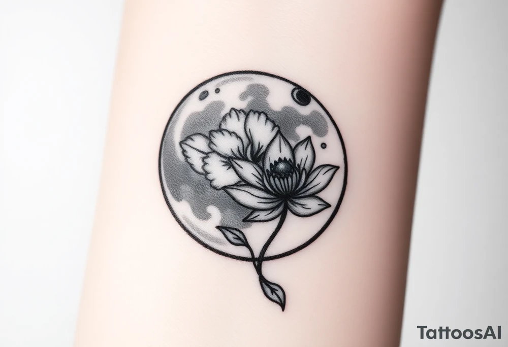 Small black and white tattoo full moon with small chrysanthemum and tiny scorpio gliph inside moon tattoo idea