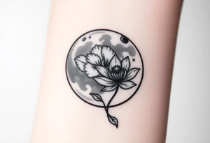 Small black and white tattoo full moon with small chrysanthemum and tiny scorpio gliph inside moon tattoo idea