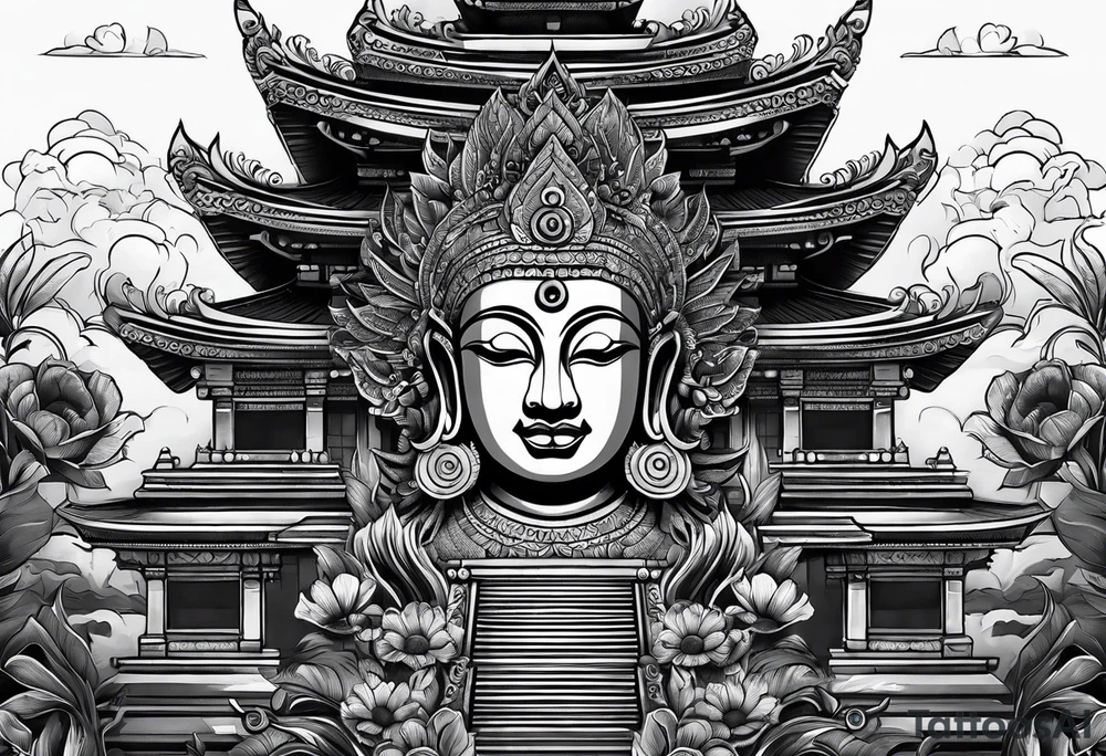 Bali temples black and grey with sunflower tattoo idea Bali temples black and grey with sunflower tattoo idea
