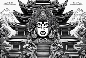 Bali temples black and grey with sunflower tattoo idea