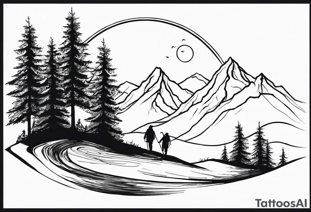 Fellowship of the ring walking with mountains and trees tattoo idea