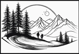 Fellowship of the ring walking with mountains and trees tattoo idea