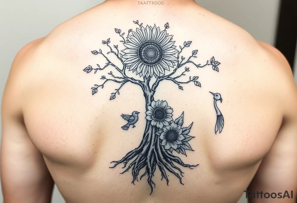 Tree with roots, sunflower, rose, and bird tattoo idea