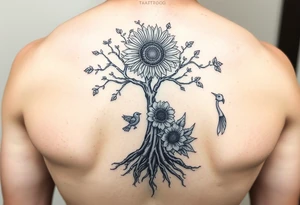 Tree with roots, sunflower, rose, and bird tattoo idea