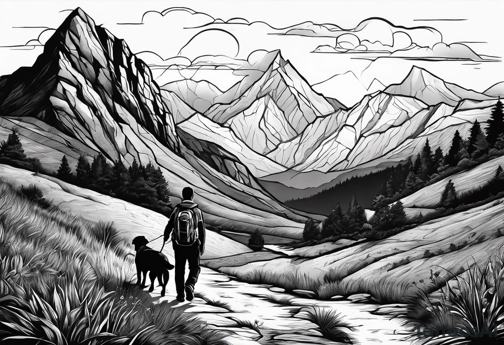 nature, sunset, mountains, a father and son hiking with their dog and cat and a cross tattoo idea