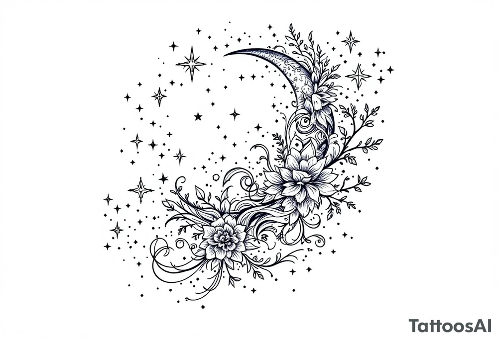 Moon and stars in sky tattoo idea
