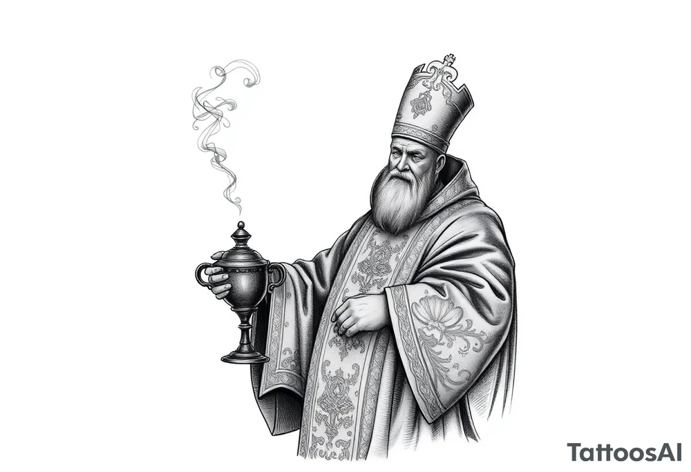 A Russian Orthodox Priest in full gold vestments swinging a censer with smoke curling upward 

The ornate robes give incredible fine line detail
The incense smoke could flow and connect to other elements
It ties directly into the church and Virgin Mary you already have
Very culturally authentic to the overall theme tattoo idea