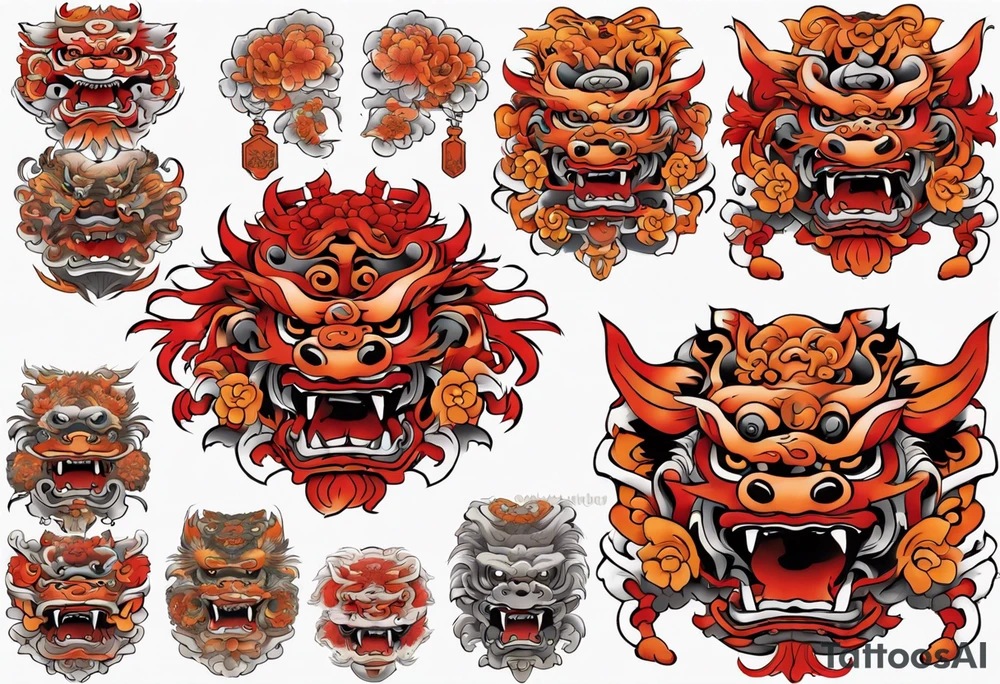 Red and orange Okinawa shisa dog chest piece tattoo idea