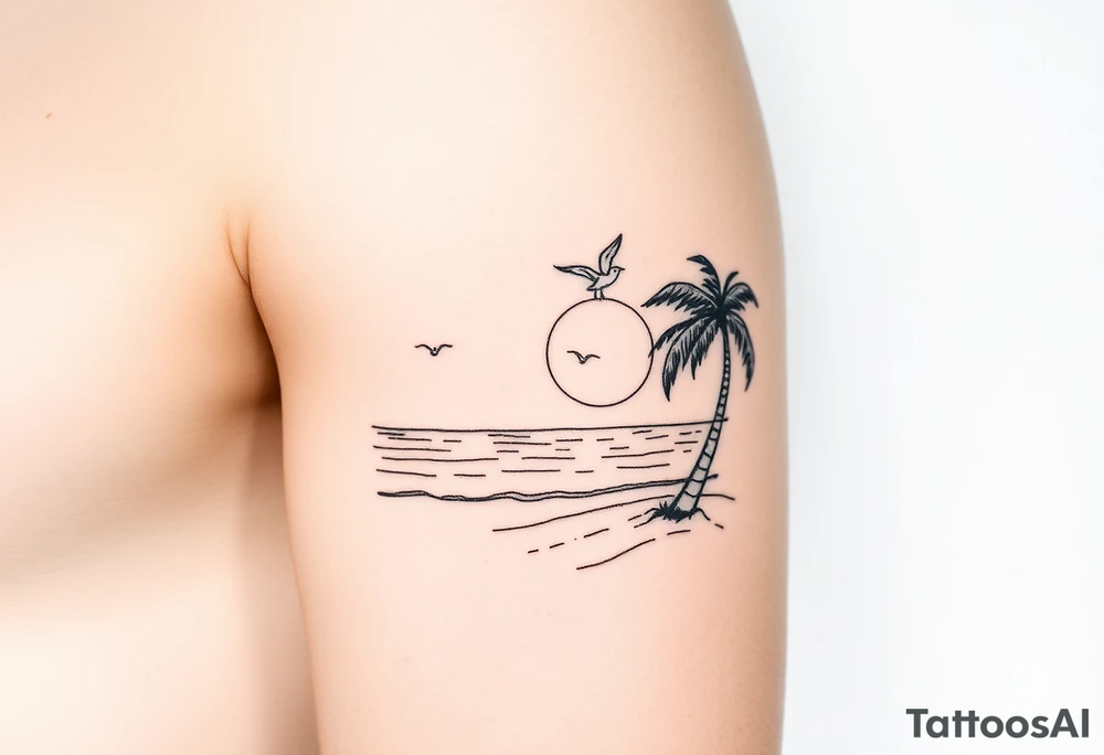 fine line, peaceful, serene, timeless, ocean, sand, palm tree, seagulls, sun tattoo idea