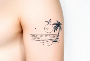 fine line, peaceful, serene, timeless, ocean, sand, palm tree, seagulls, sun tattoo idea