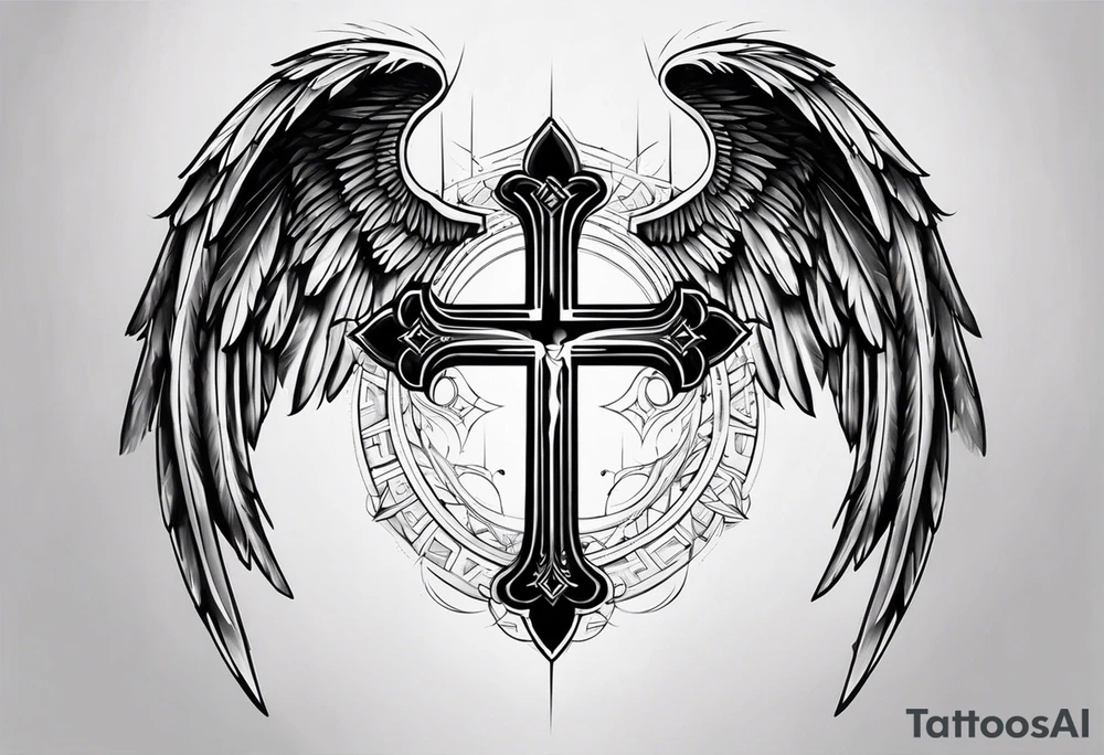 angel wings tattoo with a cross and the letters DJ in it tattoo idea