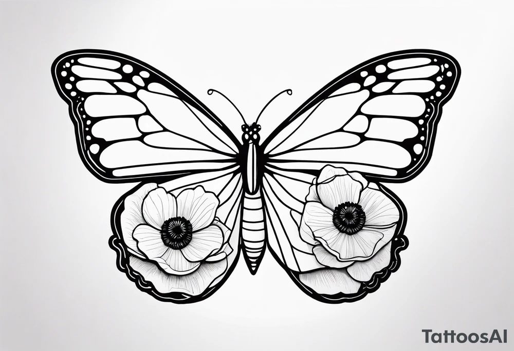A black and white, fine line tattoo design of a monarch butterfly with poppy flowers inside the top wings. The butterfly has clean lines, and the poppies are delicately integrated within the wings. The bottom wings are simple. The overall style is elegant and refined, focusing on the graceful fusion of the butterfly and flowers. I don’t want flowers outside of the butterfly’s wings and the top wing should only be used as an outline for the flowers inside tattoo idea