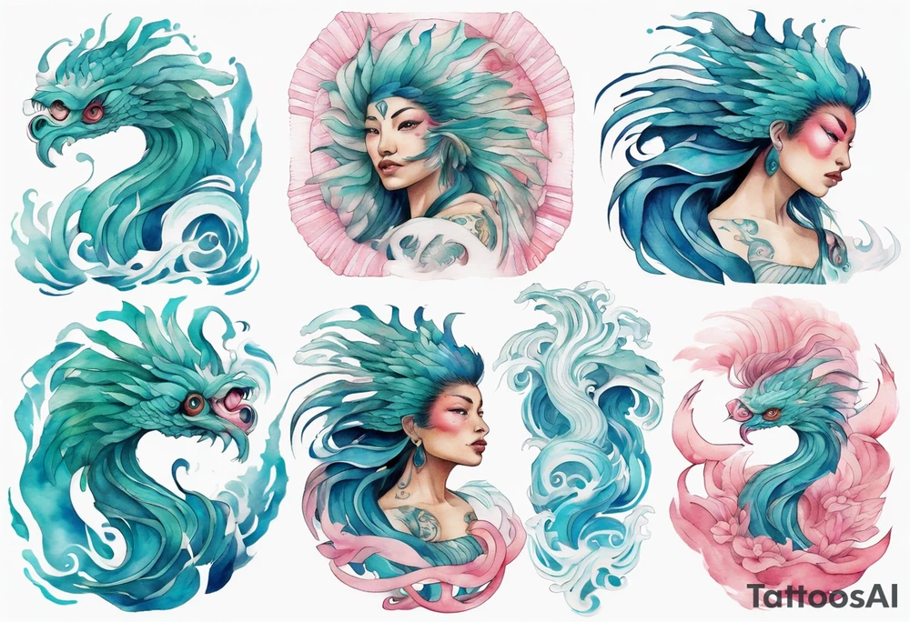 a turquoise and white and pink Quetzalcoatl-woman hybrid with beautiful eyes emerging from the blue waves of the ocean tattoo idea