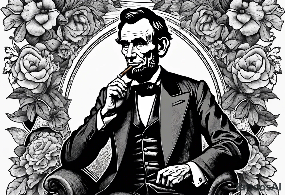Abraham Lincoln smoking a cigar  in a flowered suit jacket doing karate poses tattoo idea