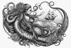Octopus looking up longingly at a mermaid in the ocean wrap around entire bottom of leg. tattoo idea