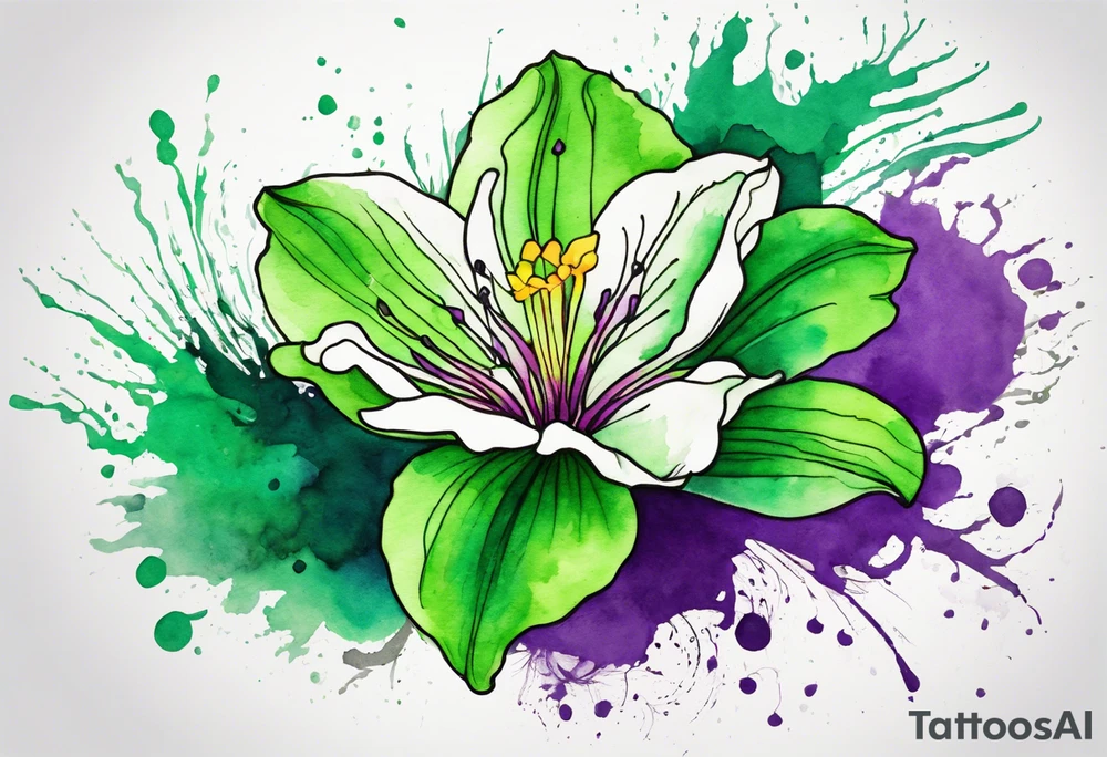 An outline of an only green rio dipladenia flower and a green and purple watercolor splash in the background tattoo idea