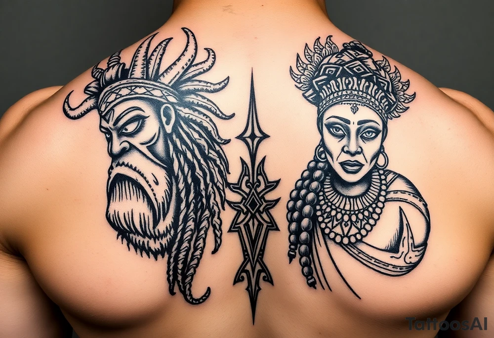 powerful majestic African gods ogun and obatala with goddess oshun tattoo idea