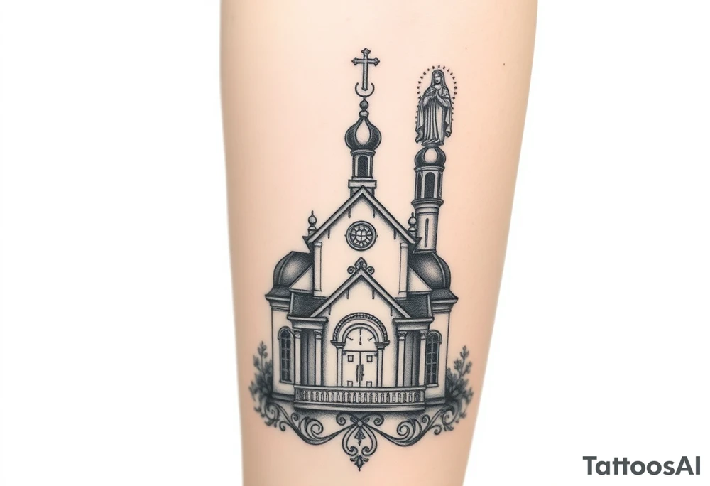 in a dorsal view a detailed orthodox church with a band at the front shrouded with a mist above and fading into a virgin mary overlooking above at the top tattoo idea