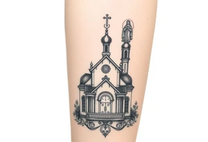 in a dorsal view a detailed orthodox church with a band at the front shrouded with a mist above and fading into a virgin mary overlooking above at the top tattoo idea