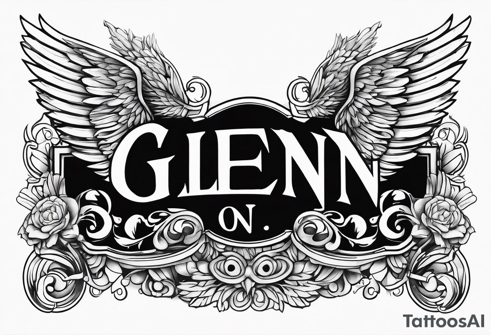 The word Glenn on a banner with angel Wings tattoo idea