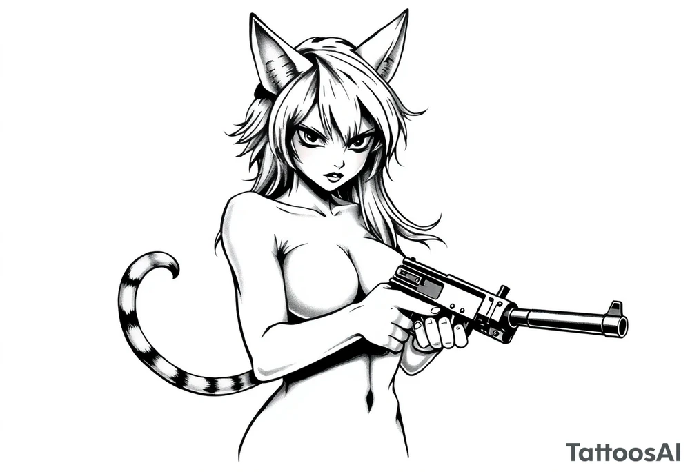 naked catgirl, slut, angry, anime, holding gun tattoo idea