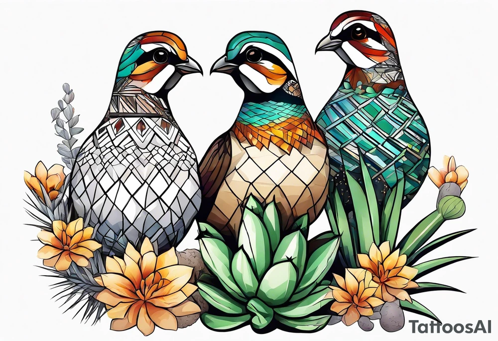 Three quails, desert flowers, cactus tattoo idea