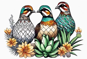 Three quails, desert flowers, cactus tattoo idea