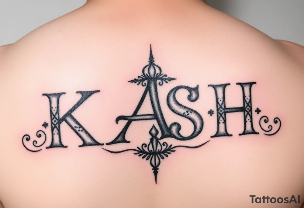 Give me a vertical forearm tattoo. I want it to be the acronym “KASH”. I want the K to say Keep, then under the K put an A, under the A put an S that says steady, and then under the S put an H that says hustle. Add small details like ink clouds and moneybags. tattoo idea