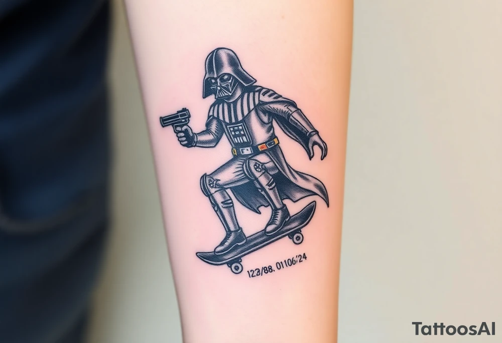Darth Vader skateboarding with gun> bullets > memorial > god > colors > futuristic/space/star wars
add name "Darth Carter" on skateboard
add date 12/29/88-01/06/24 tattoo idea
