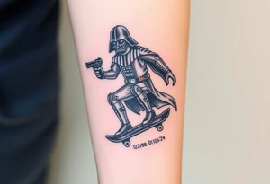 Darth Vader skateboarding with gun> bullets > memorial > god > colors > futuristic/space/star wars
add name "Darth Carter" on skateboard
add date 12/29/88-01/06/24 tattoo idea