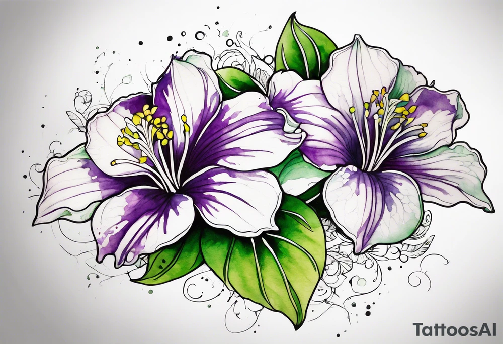 An outline of a rio dipladenia flower with a green/purple watercolor splash in the background tattoo idea
