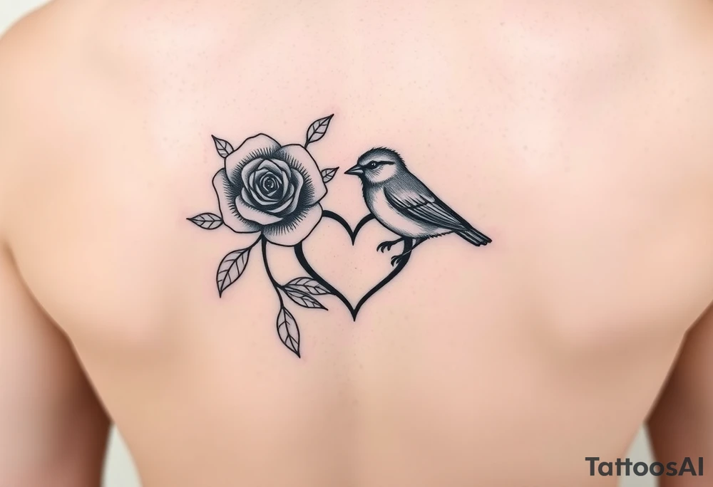 Small Feminine red rose and robin with a infinity heart on hip tattoo idea