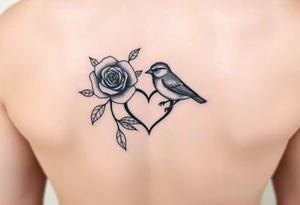 Small Feminine red rose and robin with a infinity heart on hip tattoo idea