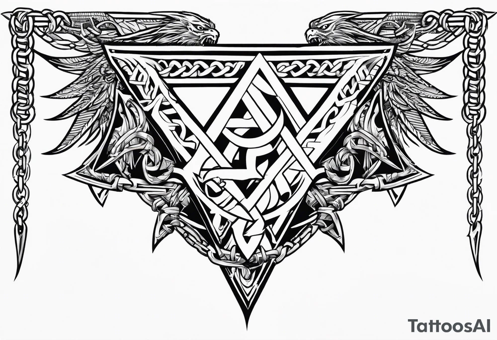 Valhalla sword shield dragon axe Valknut barbed wire chains tribal tattoo idea Valhalla sword shield dragon axe Valknut barbed wire chains tribal tattoo idea