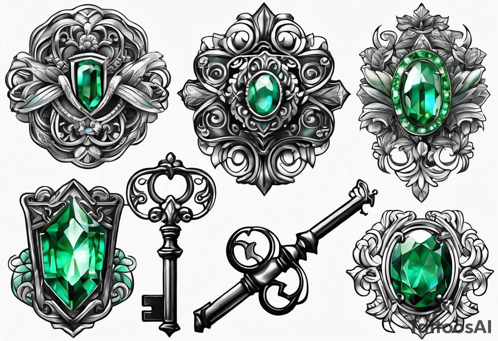 Lock and key with emerald stone tattoo idea