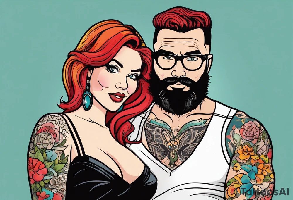 Busty Red haired woman with black haired bearded man tattoo idea