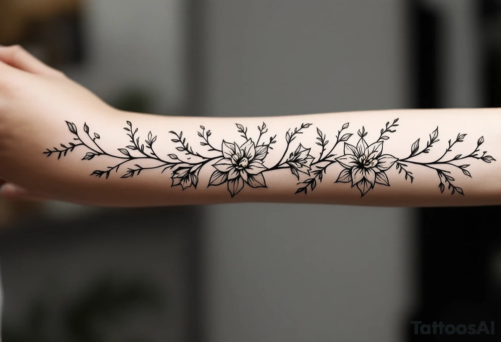 starting from a band mid-forearm, a sleeve of holly flowers and daffodils tattoo idea