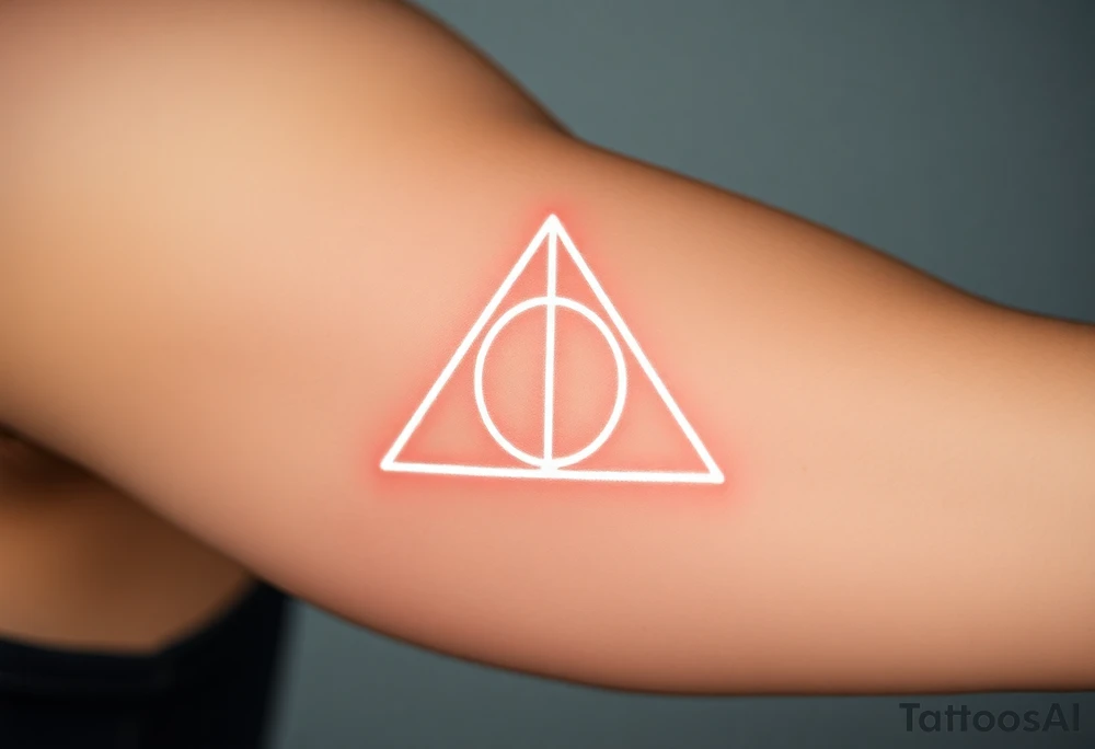 A minimalist Deathly Hallows  full symbol outline in glowing white ink, creating a mystical, luminescent effect on the skin tattoo idea