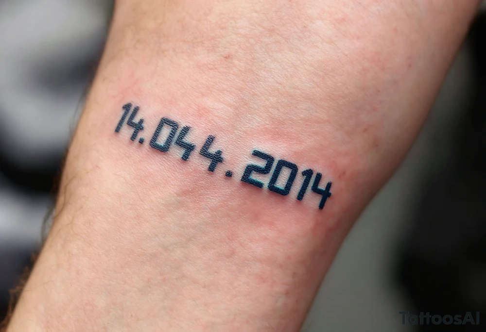 Digital-style 14.04.2014 in pixelated black font with neon-free, dark cyan touches. tattoo idea