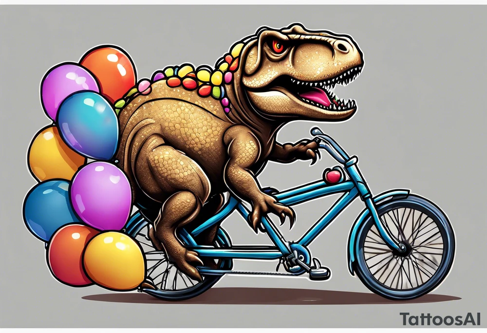 Trex riding a bicycle holding balloons tattoo idea