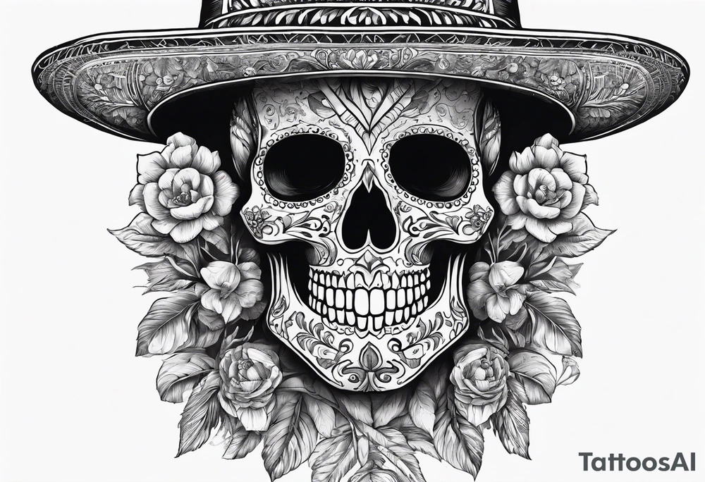 full body of skeleton in the suit with hat in mexican style, similar to santa muerte tattoo idea