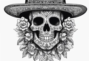 full body of skeleton in the suit with hat in mexican style, similar to santa muerte tattoo idea