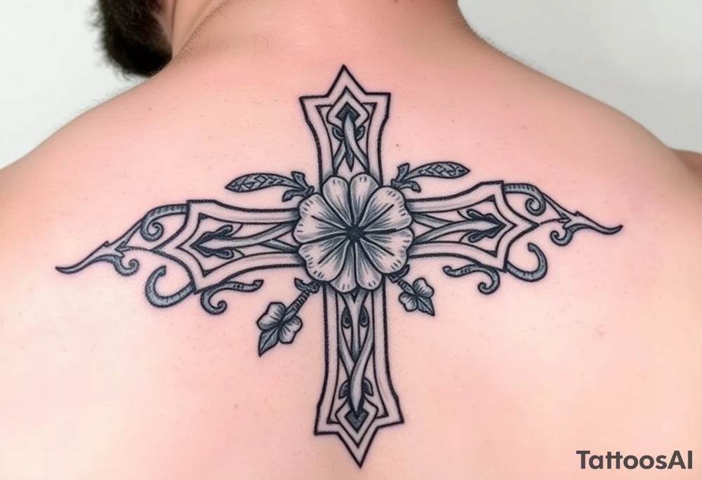 a celtic cross with irish inspired details and a four leaf clover adding other celtic elements surrounding the cross tattoo idea