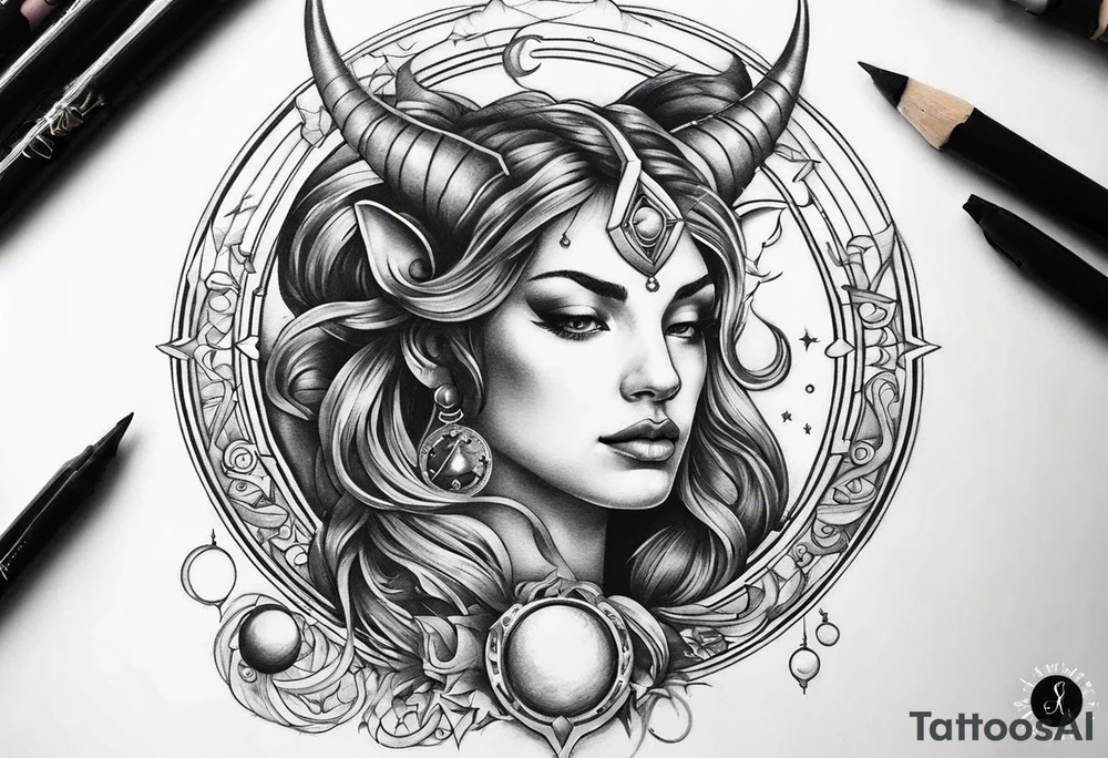 Capricorn tattoo with butterflies and moons with Saturn tattoo idea