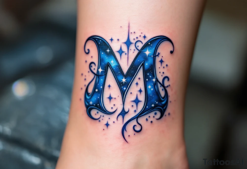 A cosmic-themed "M" in deep indigo with specks of starlight white. tattoo idea